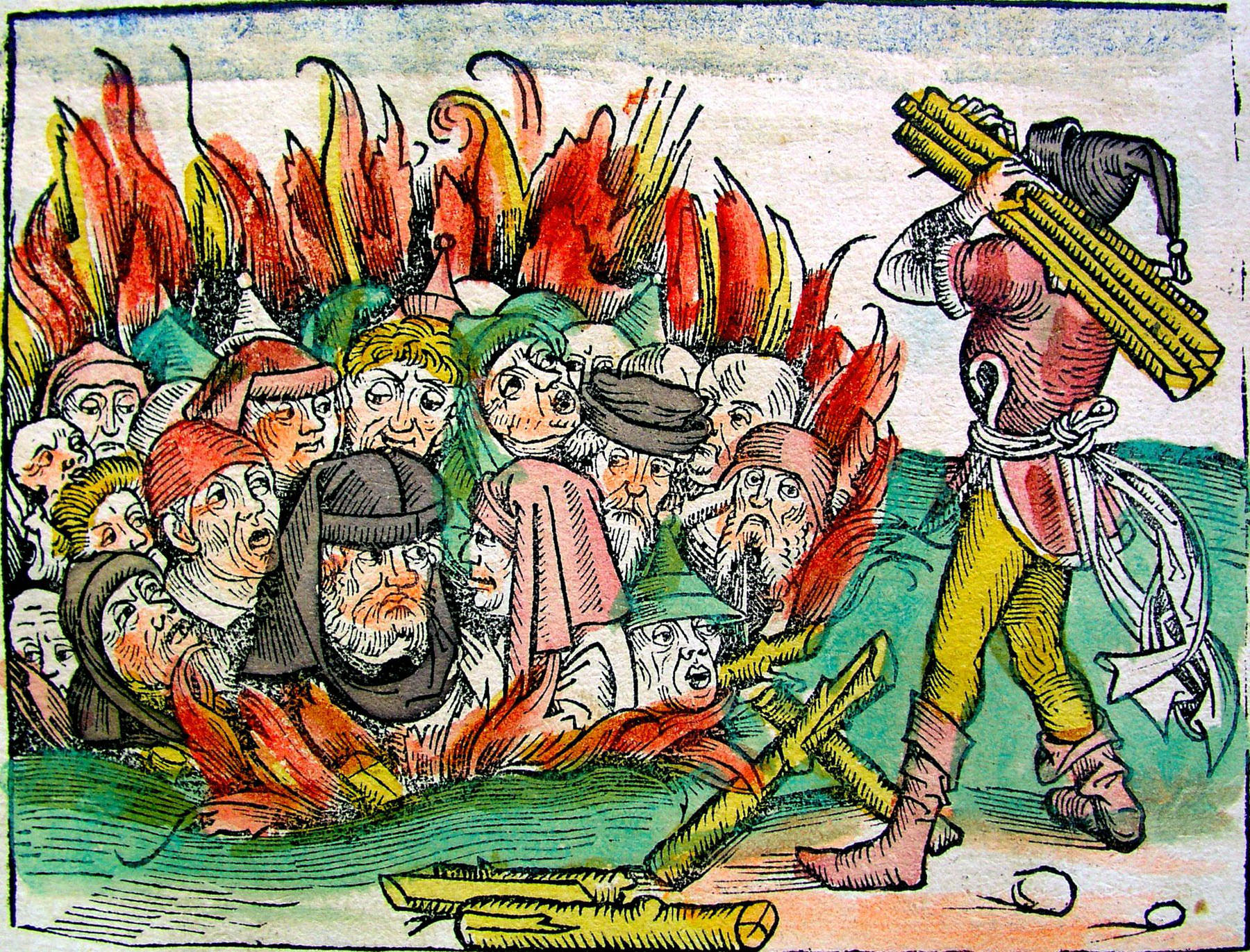 A 15th-century German woodcut depicts Jews being burned alive for alleged desecration of the host.