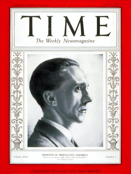 Nazi Propaganda Minister Joseph Goebbels featured on the cover of Time, July 1933.