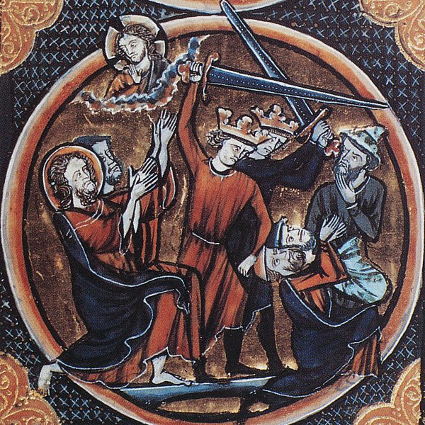 An illustration from an illuminated manuscript of the bible published in the 13th century shows two Jews about to be put to death as revenge for the death of Jesus, who looks on at top left. 