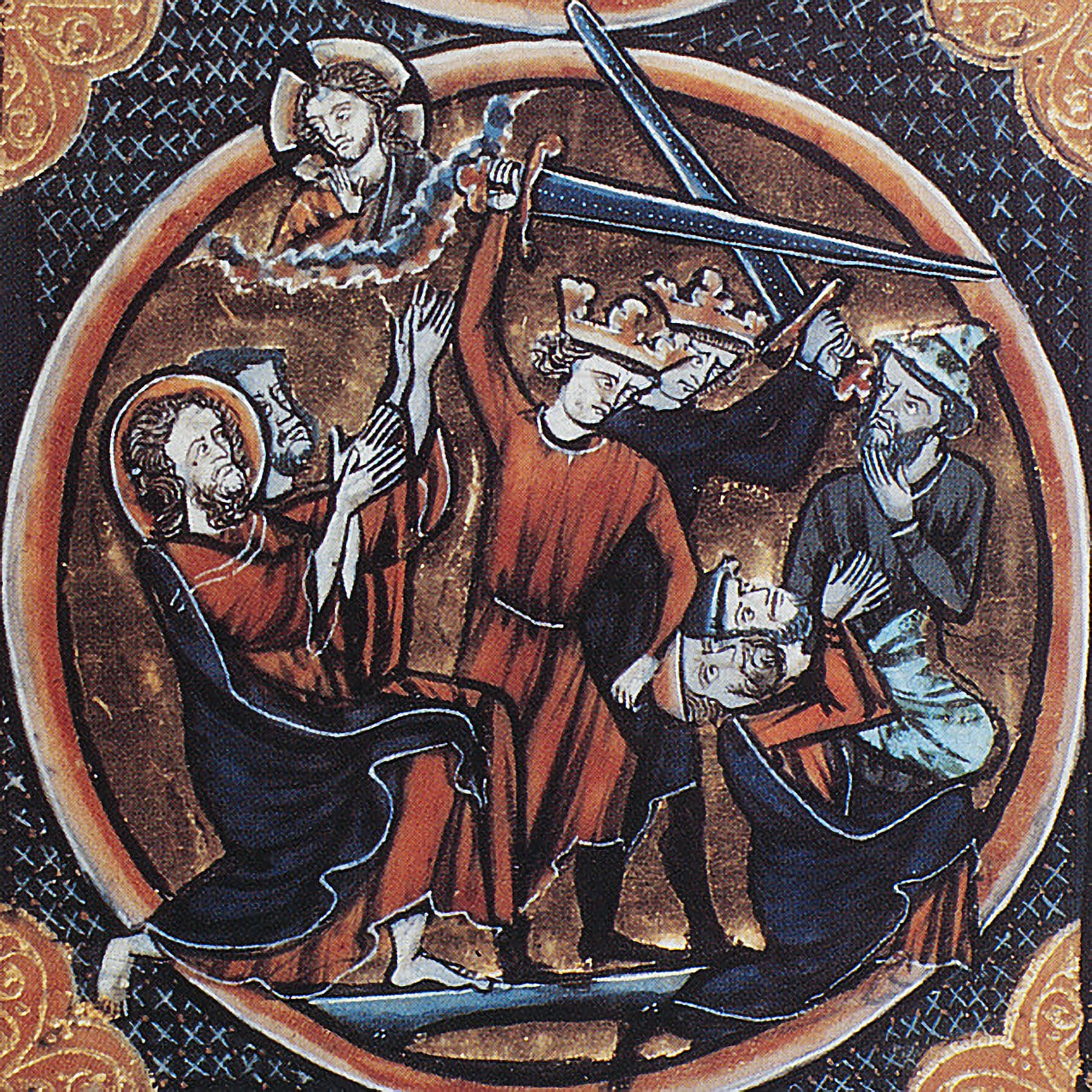 An illustration from an illuminated manuscript of the bible published in the 13th century shows two Jews about to be put to death as revenge for the death of Jesus, who looks on at top left. 