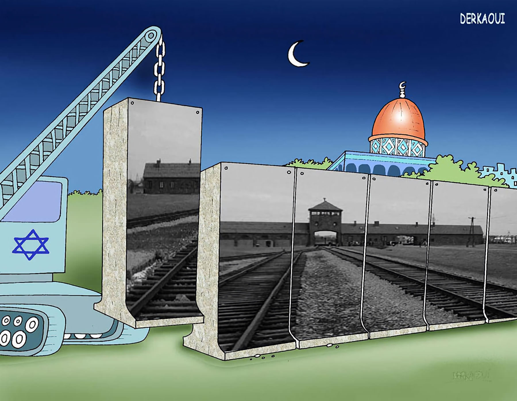 In this cartoon by Derkaoui Abdellah, which won first prize in Iran's first International Holocaust Cartoon Competition in 2006, an image of Auschwitz appears on a wall that obscures the Al-Aqsa Mosque.