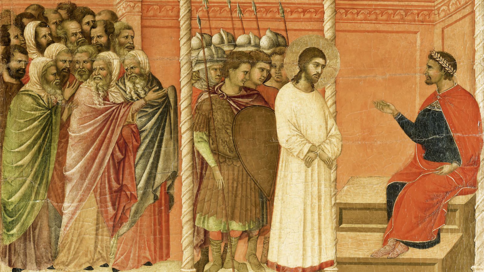 An altarpiece in Siena painted by Duccio in the 14th century depicts Jesus standing before Pontius Pilate.