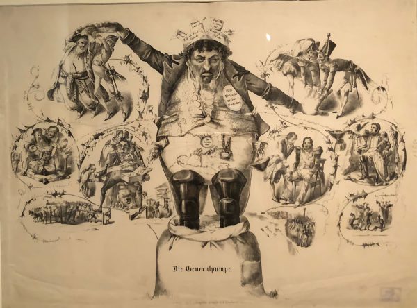 This 19th century German caricature of Meyer Amschel Rothschild depicts him as a two-handled pump, pouring out cash to statesmen and bankers.