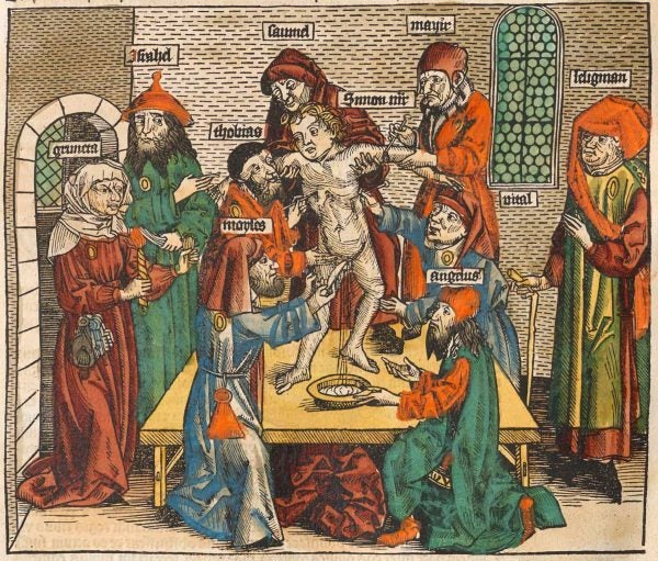 A 1493 woodcut of the story of Simon of Trent (1472-1475), an Italian child whose death was blamed on the leaders of the city’s Jewish community (on the Jews)