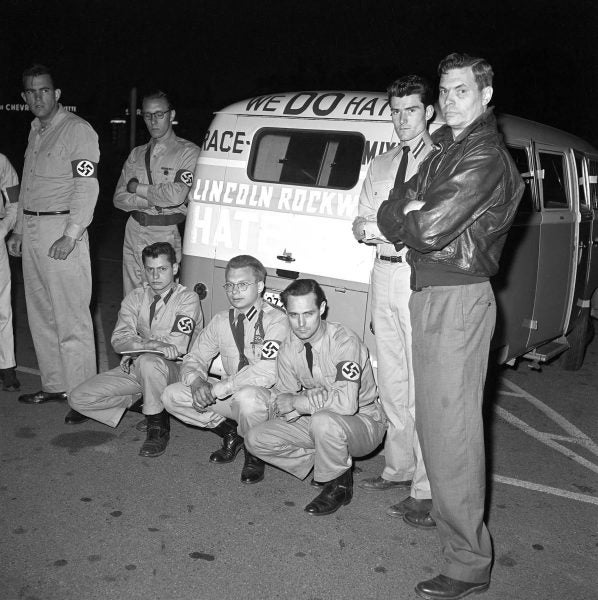 Lincoln Rockwell and followers of the American Nazi Party pose in 1961 next to the 