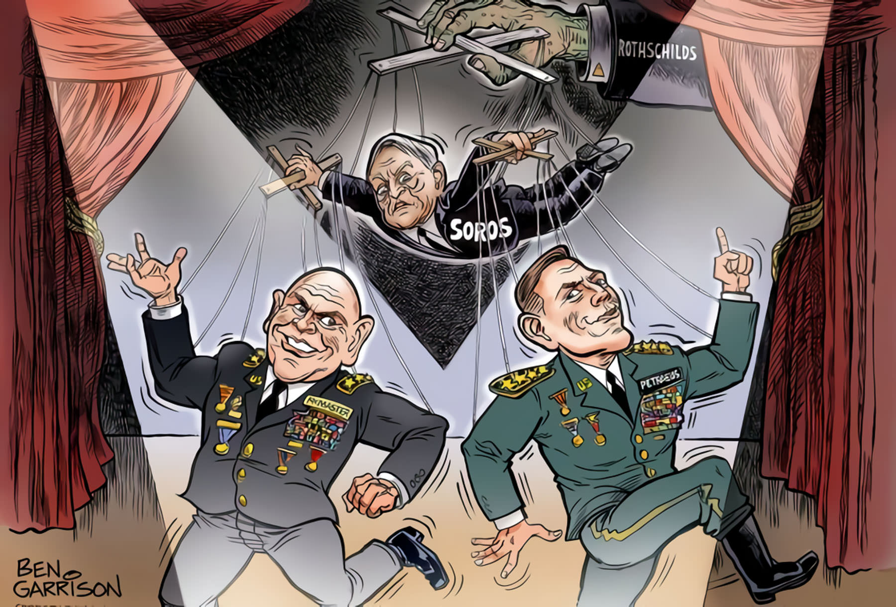 This 2017 political cartoon by Ben Garrison portrays Generals McMasters and Petraeus as puppets of George Soros and the Rothschilds.