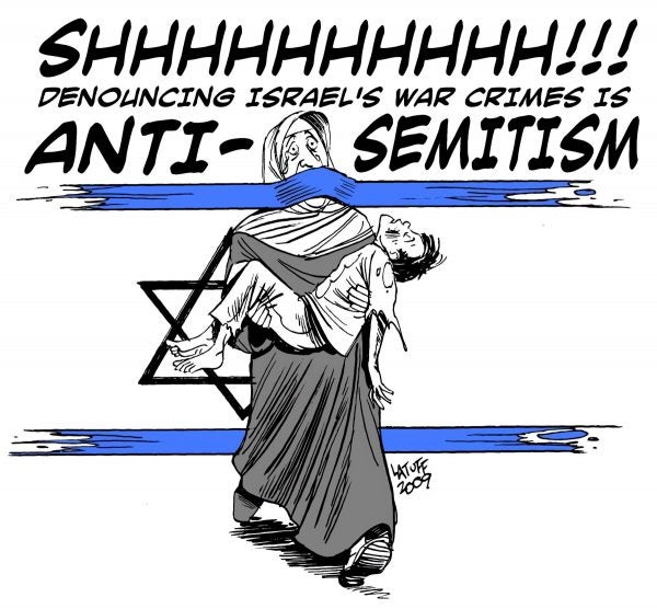 An antisemitic cartoon by Brazilian cartoonist Carlos Latuff. 