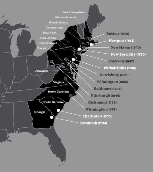 A map of early Jewish congregations in the 13 colonies.